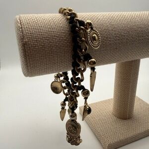 Gold Black Bracelet Chunky Chain Medallion Charm Statement Jewelry Goth